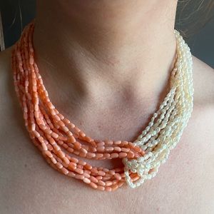 Multi-strand Freshwater Pearl and Peach Coral Beads, long